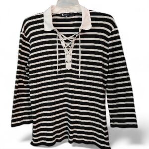 Jones New York Signature Black & White Striped Lace-Up Collared Top Large